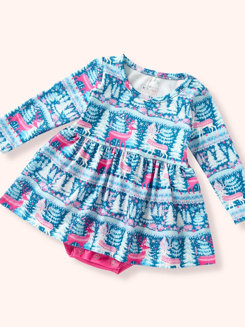 Pink & Blue Reindeer Print Long-Sleeve One-Piece Dress Bodysuit